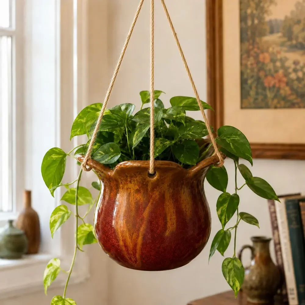 Vintage INARCO Japan Hanging Planter Brown Drip Glaze Flower Pot